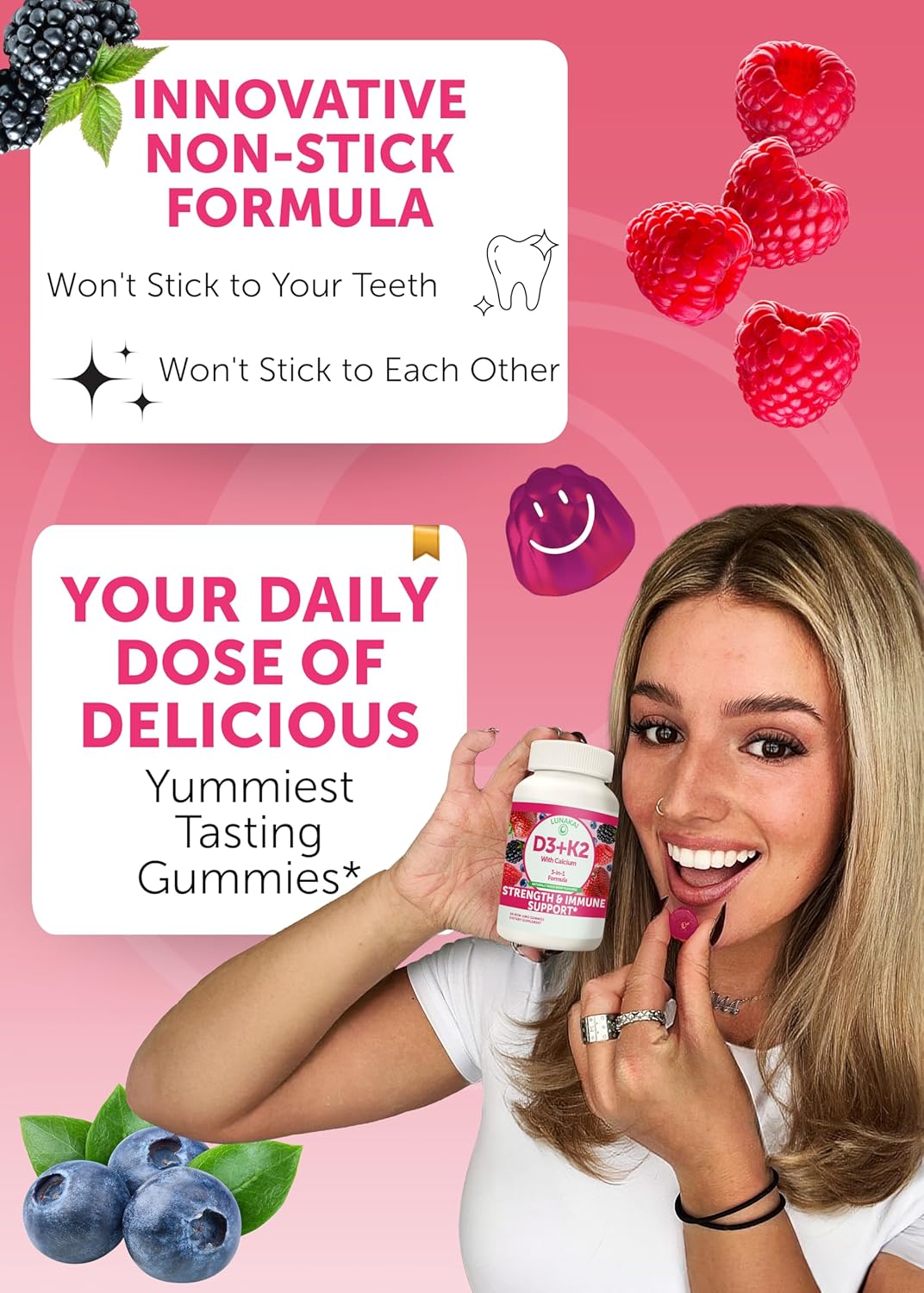 Lunakai Vitamina D3 K2 Gummies con Calcio Vegan 60ct