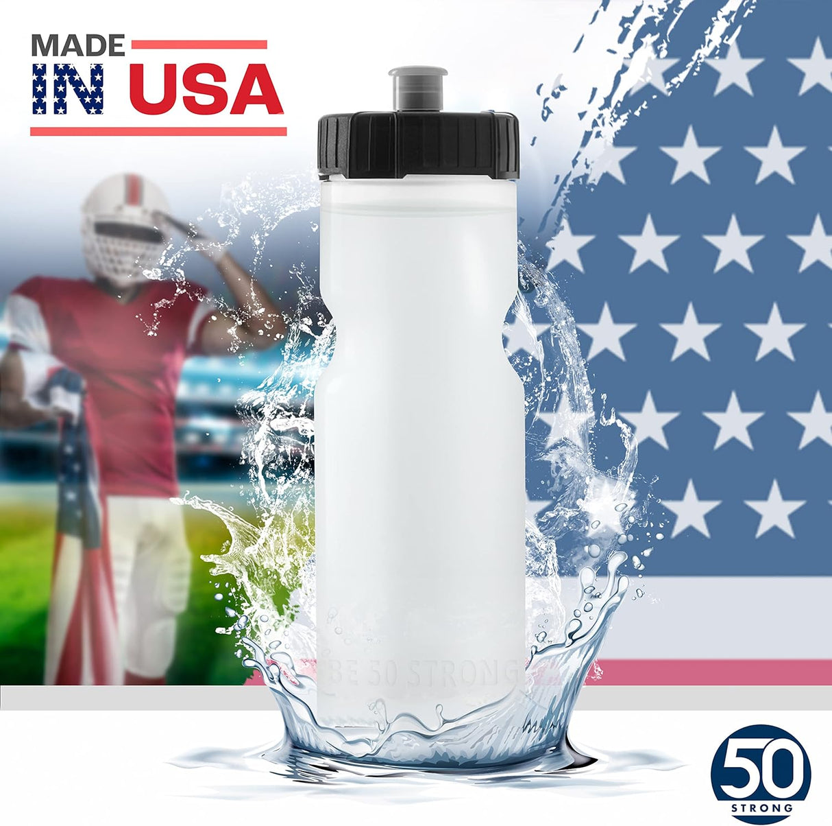 50 Strong - Paquete de 6 botellas de agua para deportes, 22 onzas Botella para bicicleta y deporte sin bisfenol A, con tapa fácil de abrir sin rosca, fabricada en Estados Unidos.