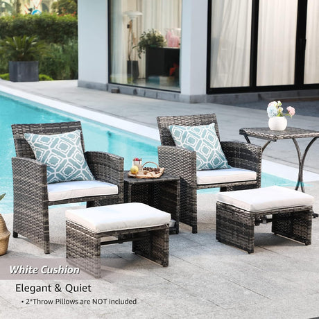 OC Orange-Casual Juego de muebles de patio de 6 piezas con otomana, juego de silla y mesa de mimbre gris para exteriores, muebles de balcón para apartamentos, color blanco