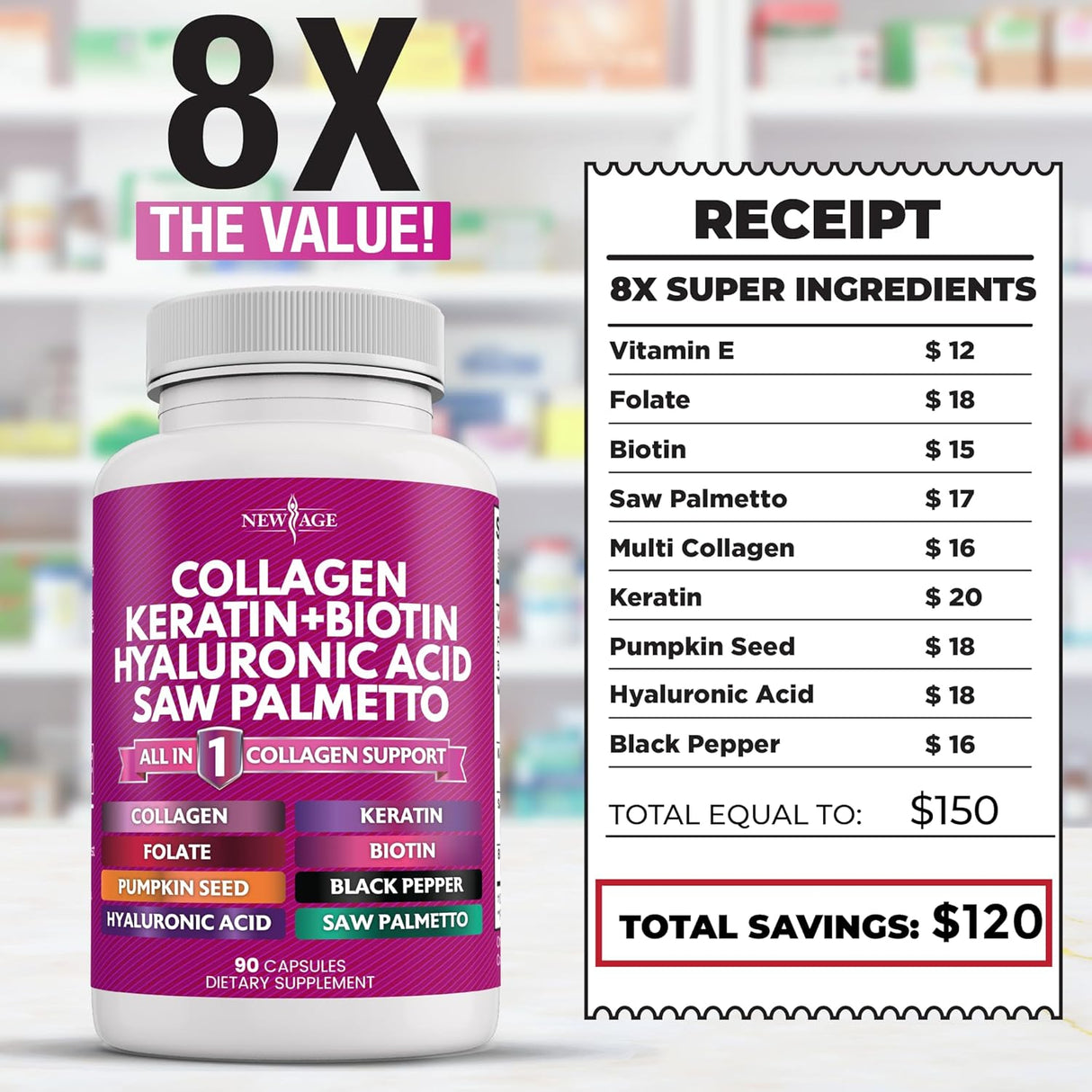 Suplemento Collagen Pills NEW AGE - Vitamina DHT 90 cápsulas