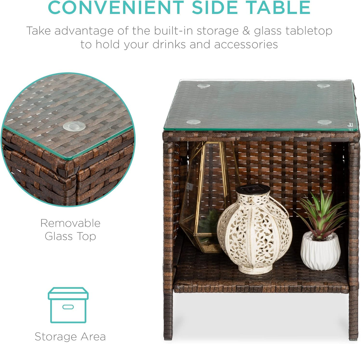 Best Choice Products Juego de 3 piezas de mimbre para exteriores, muebles de patio que ahorran espacio para patio, jardín con 2 sillas, 2 cojines, mesa de almacenamiento lateral, color marrón/azul marino