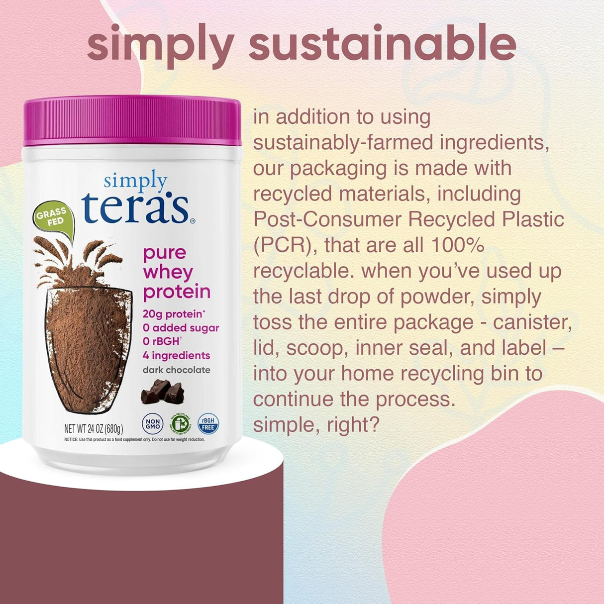 Proteína en polvo Simply Tera, Whey Clean, 24 oz, Sin GMO