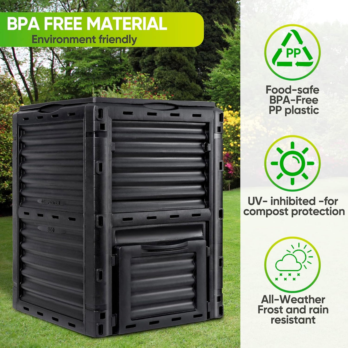 Bin de Compostaje F2C 80 Gal, Aeración, 300 L, Fácil Montaje