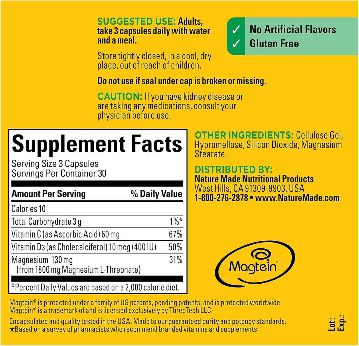 Magnesium L-Threonate con Vitamina C y D3 Nature Made