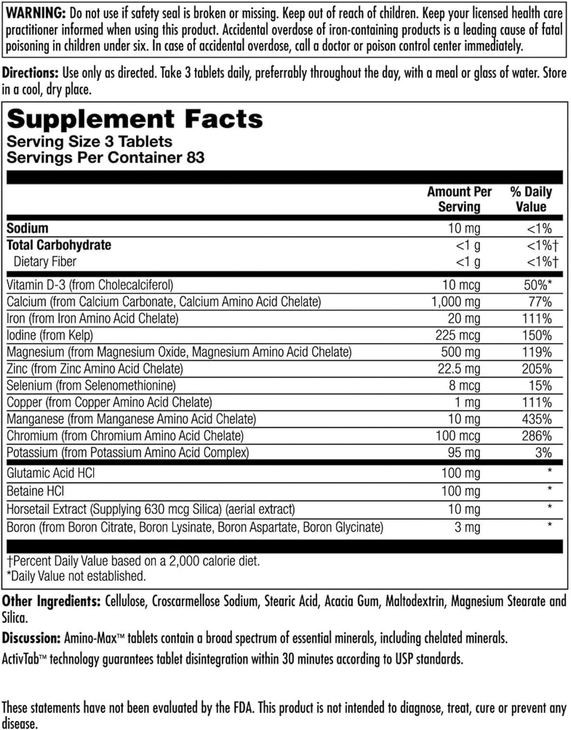KAL Amino Max, Amino Ácidos y Minerales, 250 Tabletas