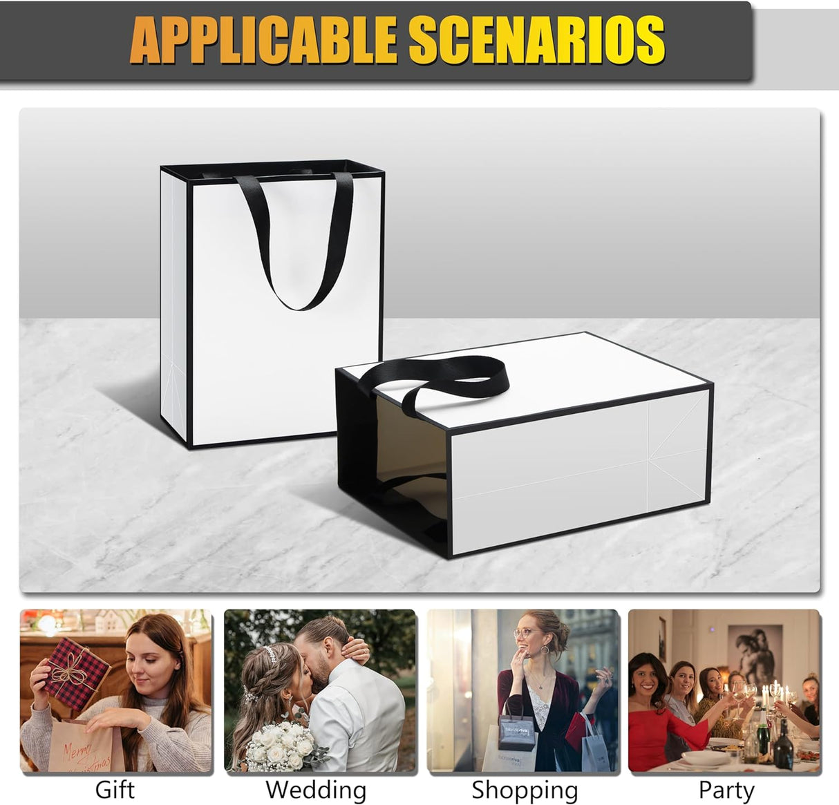 YUEYANG Bolsas de regalo medianas en blanco y negro, paquete de 10 bolsas de regalo de 8 x 4.25 x 10.5 pulgadas con asas de cinta para bodas, cumpleaños, vacaciones, venta al por menor, tienda,