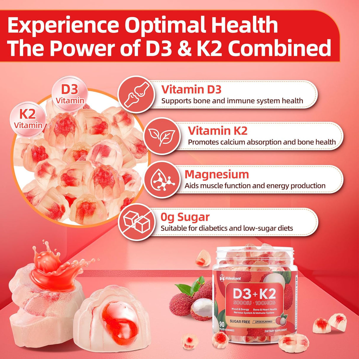 Gomitas de Vitamina D3 K2 Magnesio Sin Azúcar 90 Uni