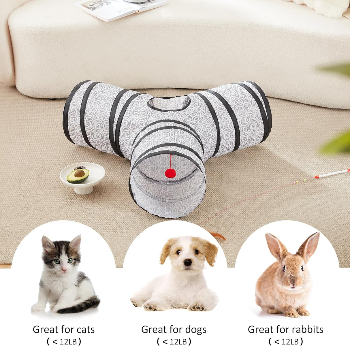 Túnel para gatos 3 vías Love's Cabin, plegable con juguete bola