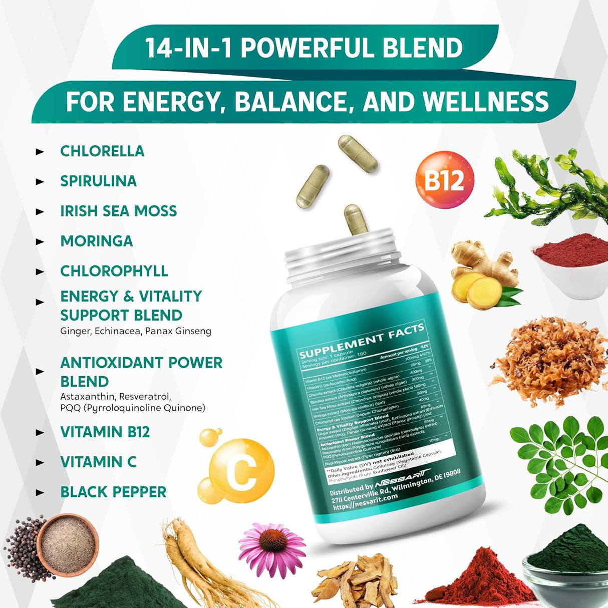 Suplemento de Chlorella, Spirulina, Musgo de Irlanda, Moringa y Clorofila, 180 cápsulas