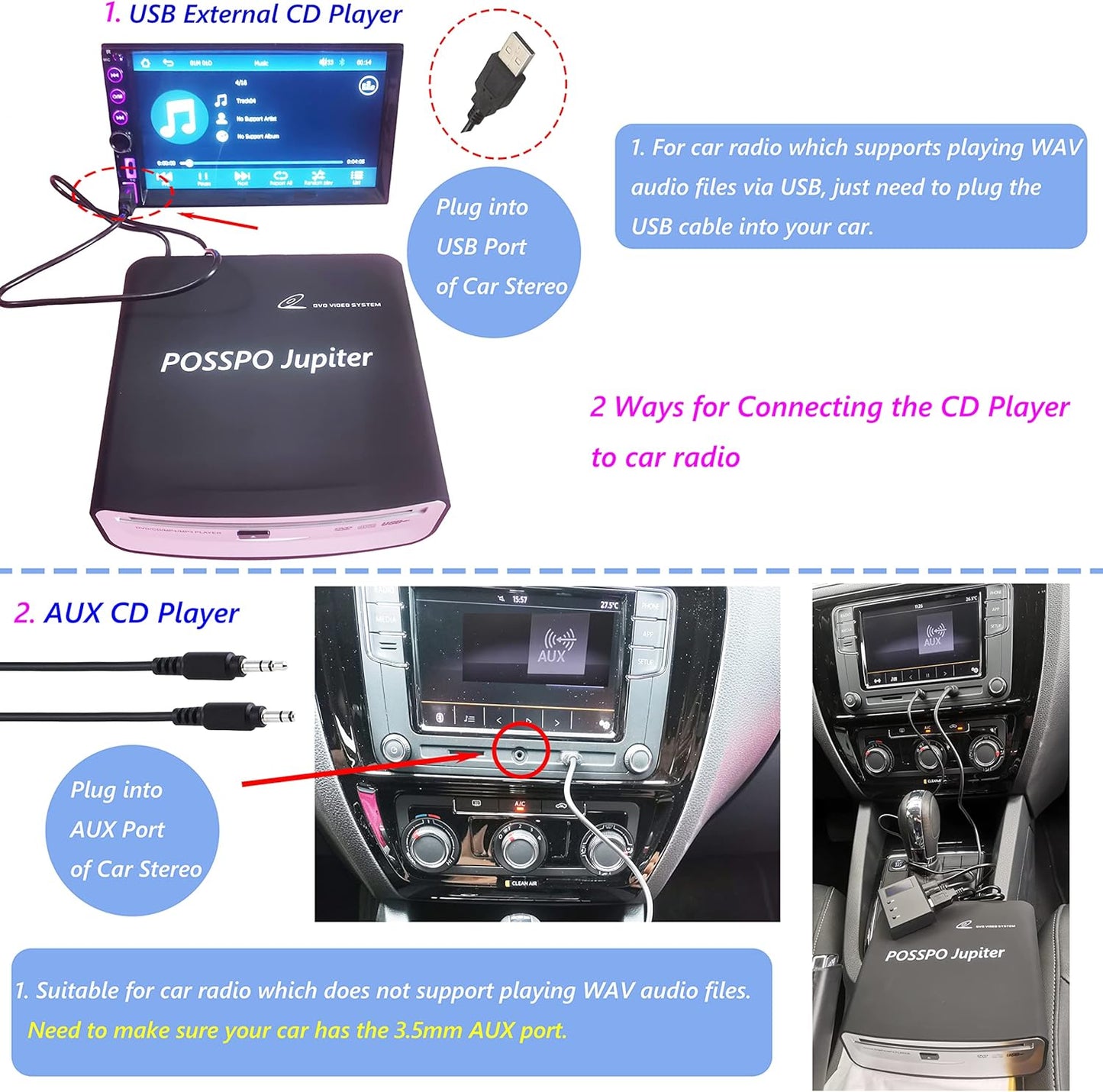 Reproductor de CD/DVD para Auto con USB y AUX, Conexión a PC