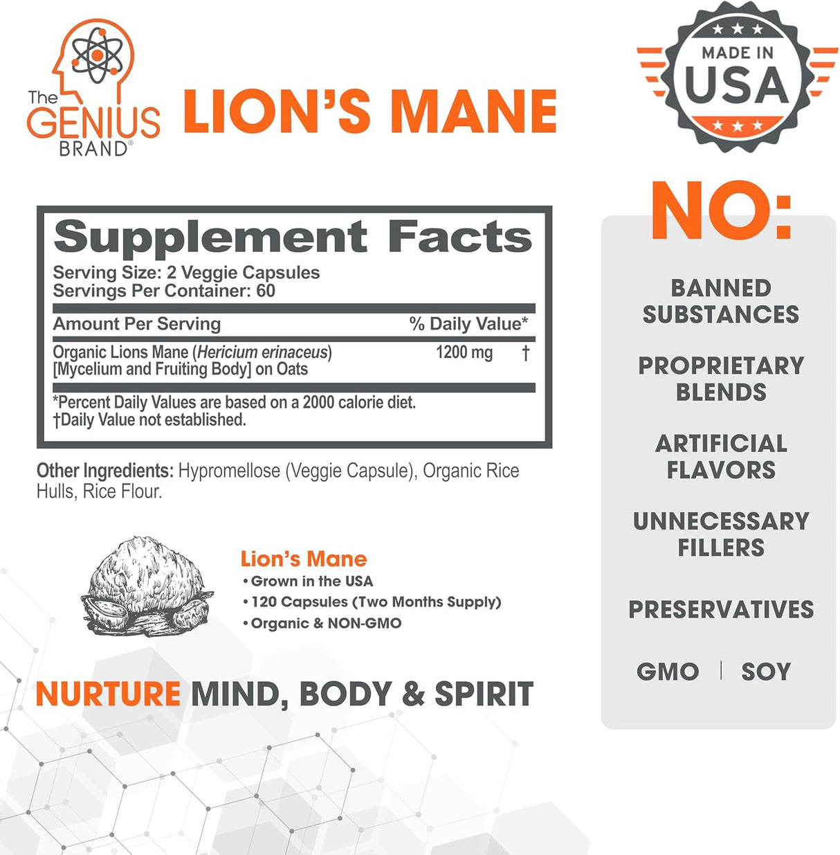 Cápsulas Suplemento Melena de León Orgánico, 1200mg