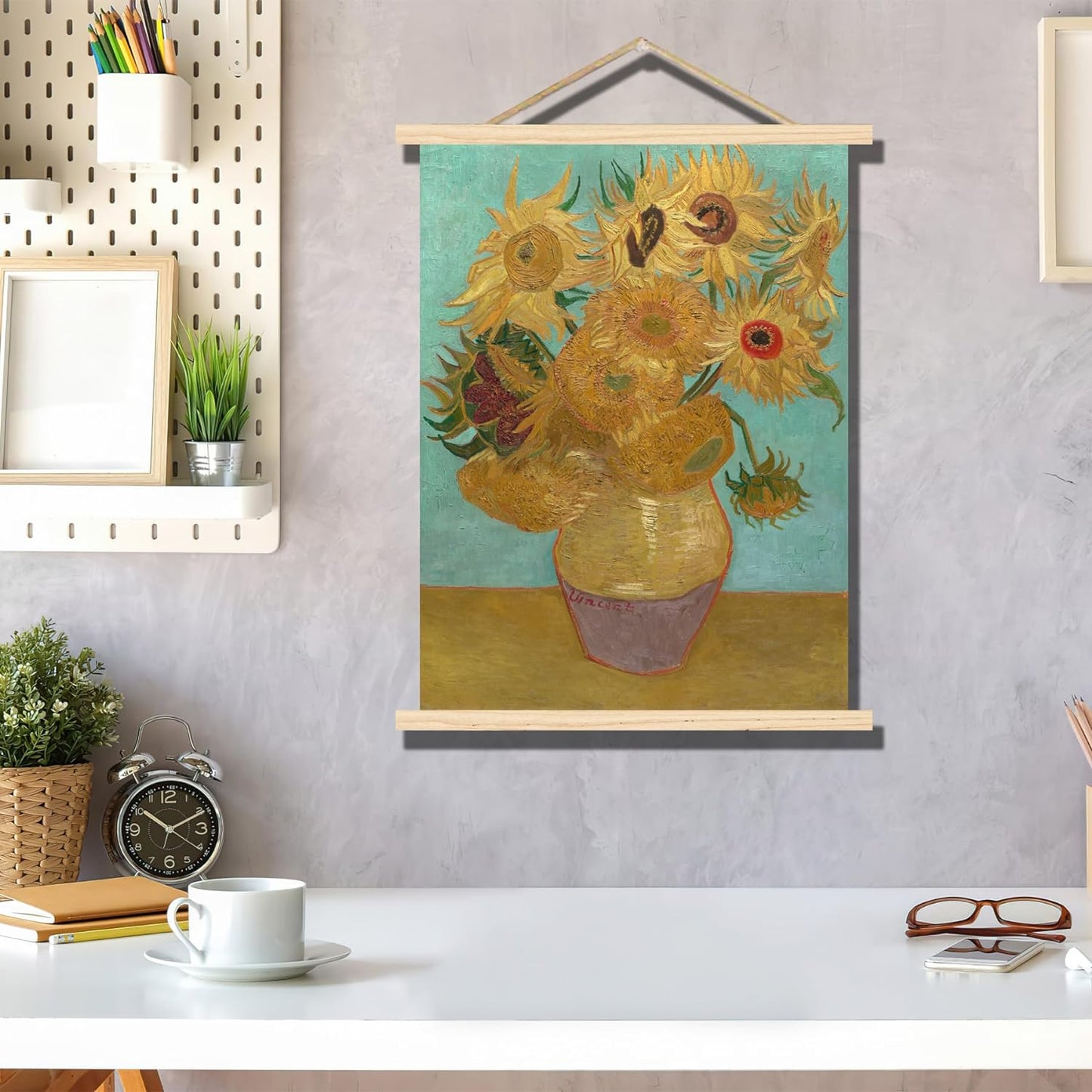 Póster colgante de girasoles en jarrón de madera, Van Gogh