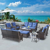 Belord Juegos de muebles de mimbre para patio, 13 piezas de muebles de ratán para exteriores con 4 sillas mecedoras giratorias, 2 sofás de ratán, otomanas de mimbre y mesa auxiliar, marrón/azul