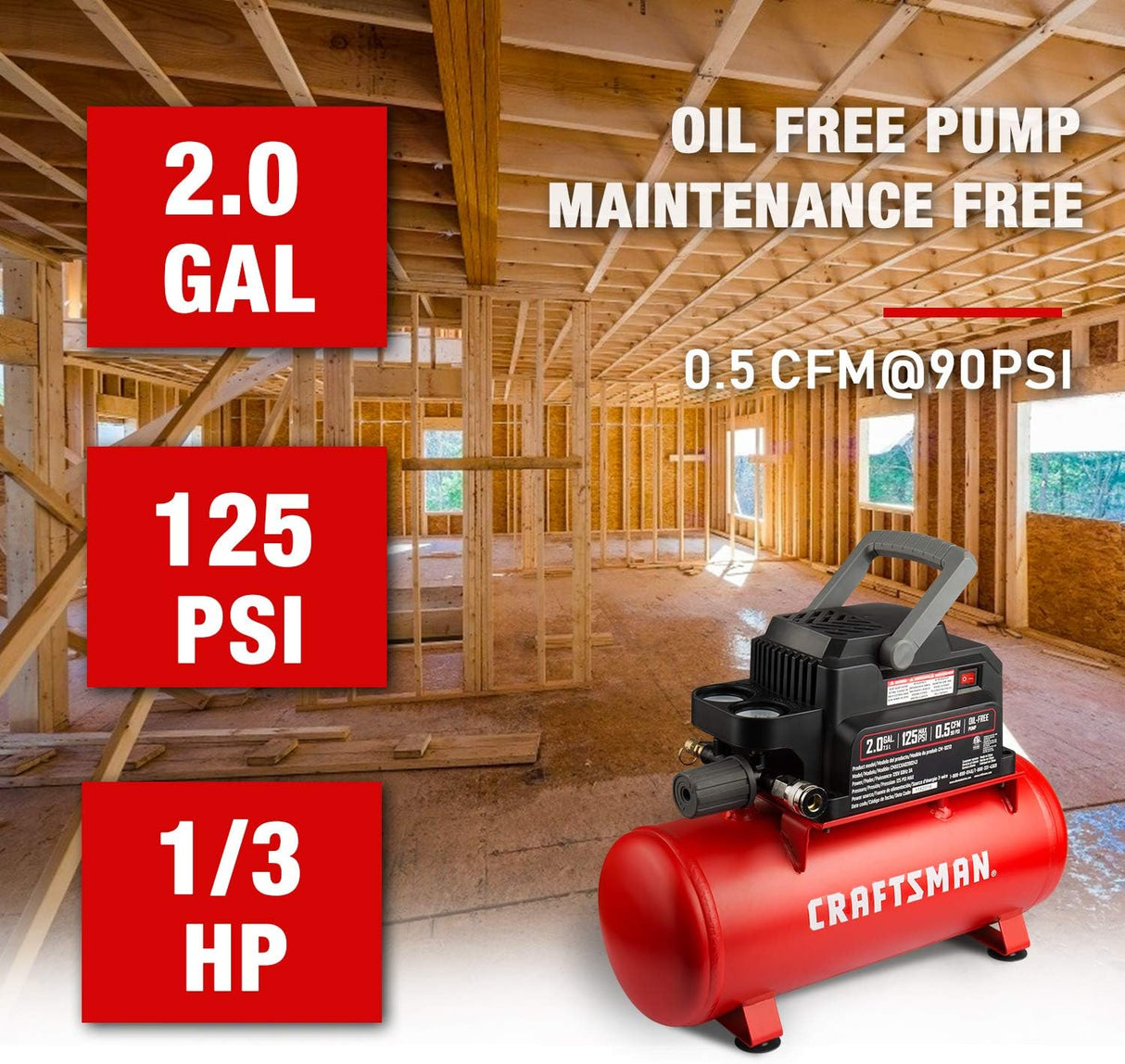 Compresor de Aire Portátil 2 Gal 1/3 HP Oil-Free Craftsman CMXECXA0200243