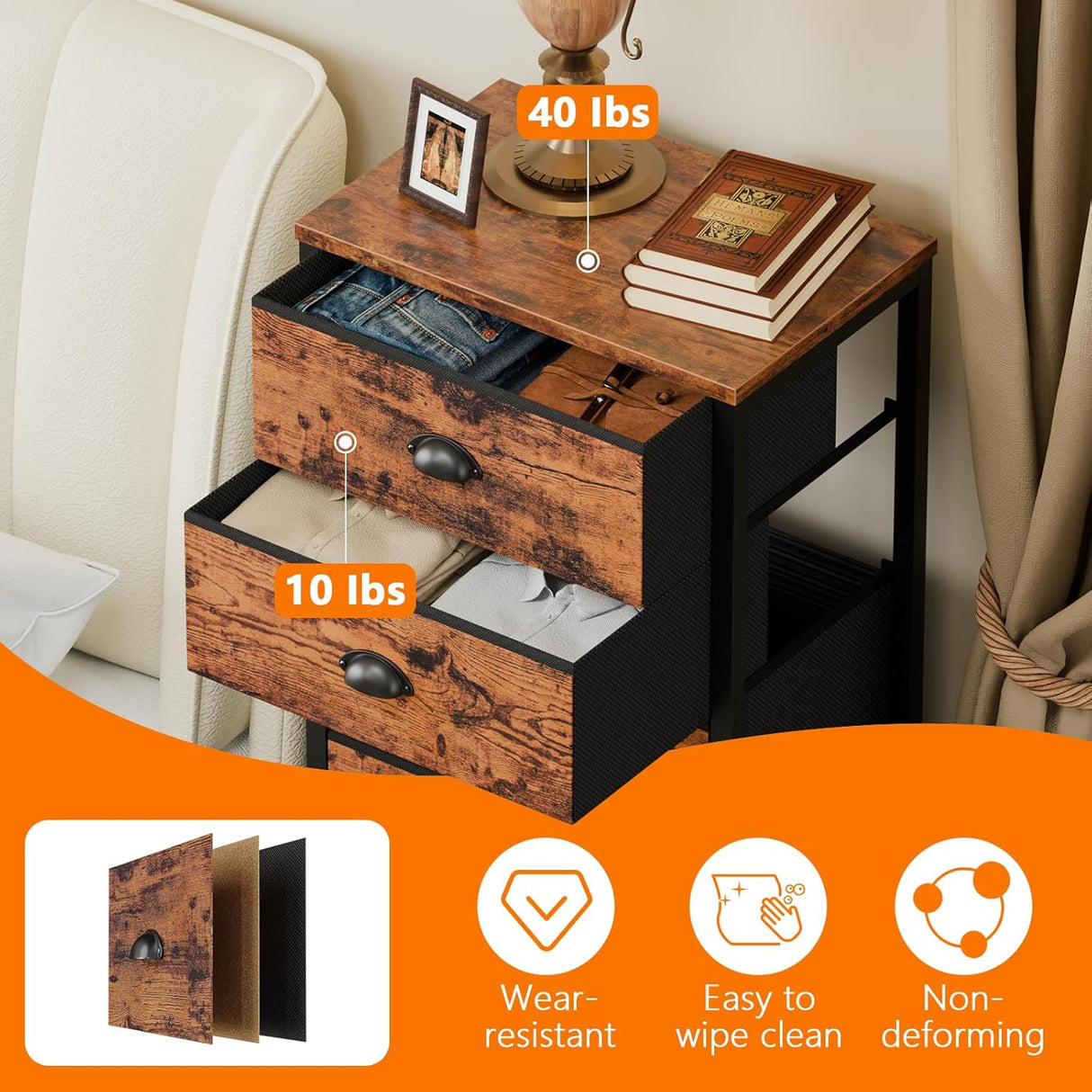 Cómoda alta con 6 cajones y mesa de noche para dormitorio