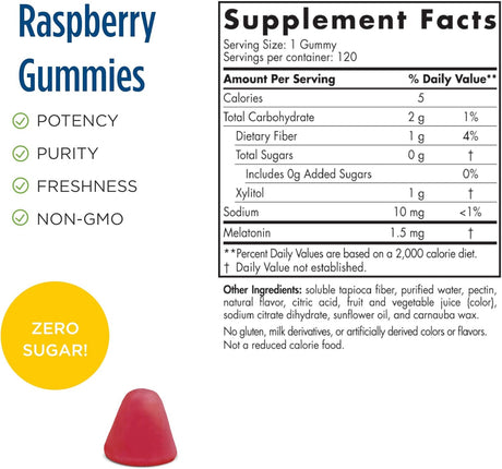 Nordic Naturals Gomitas de melatonina sin azúcar, frambuesa, 120 gomitas de 1.5 mg de melatonina, gran sabor, sueño reparador, soporte antioxidante, sin OMG, veganas, 120 porciones