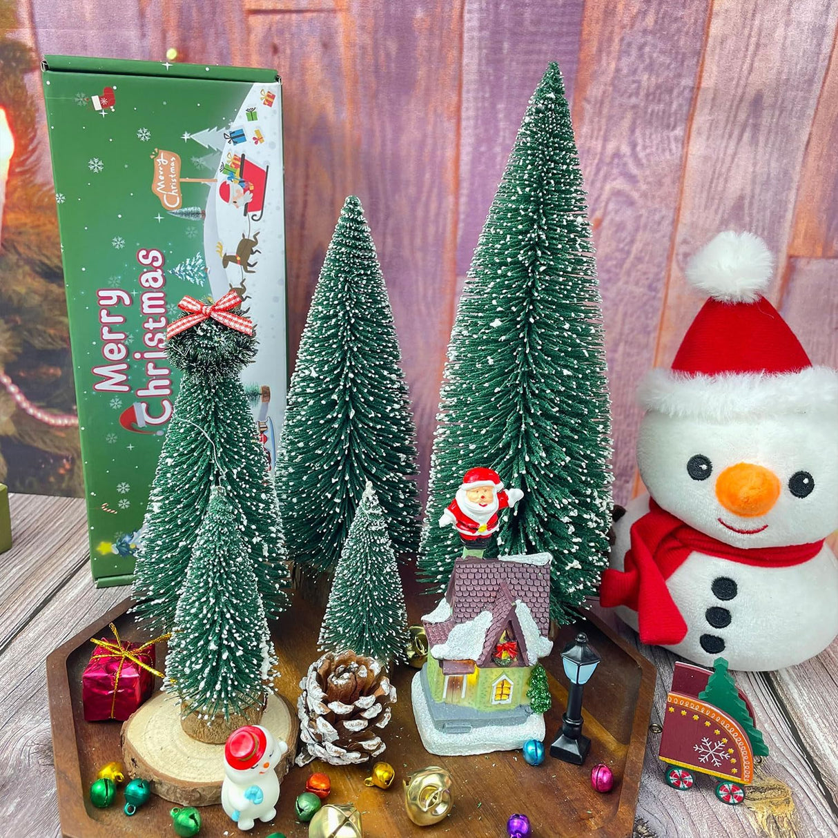 5 PCS Árboles de Navidad de Cepillo con Base de Madera