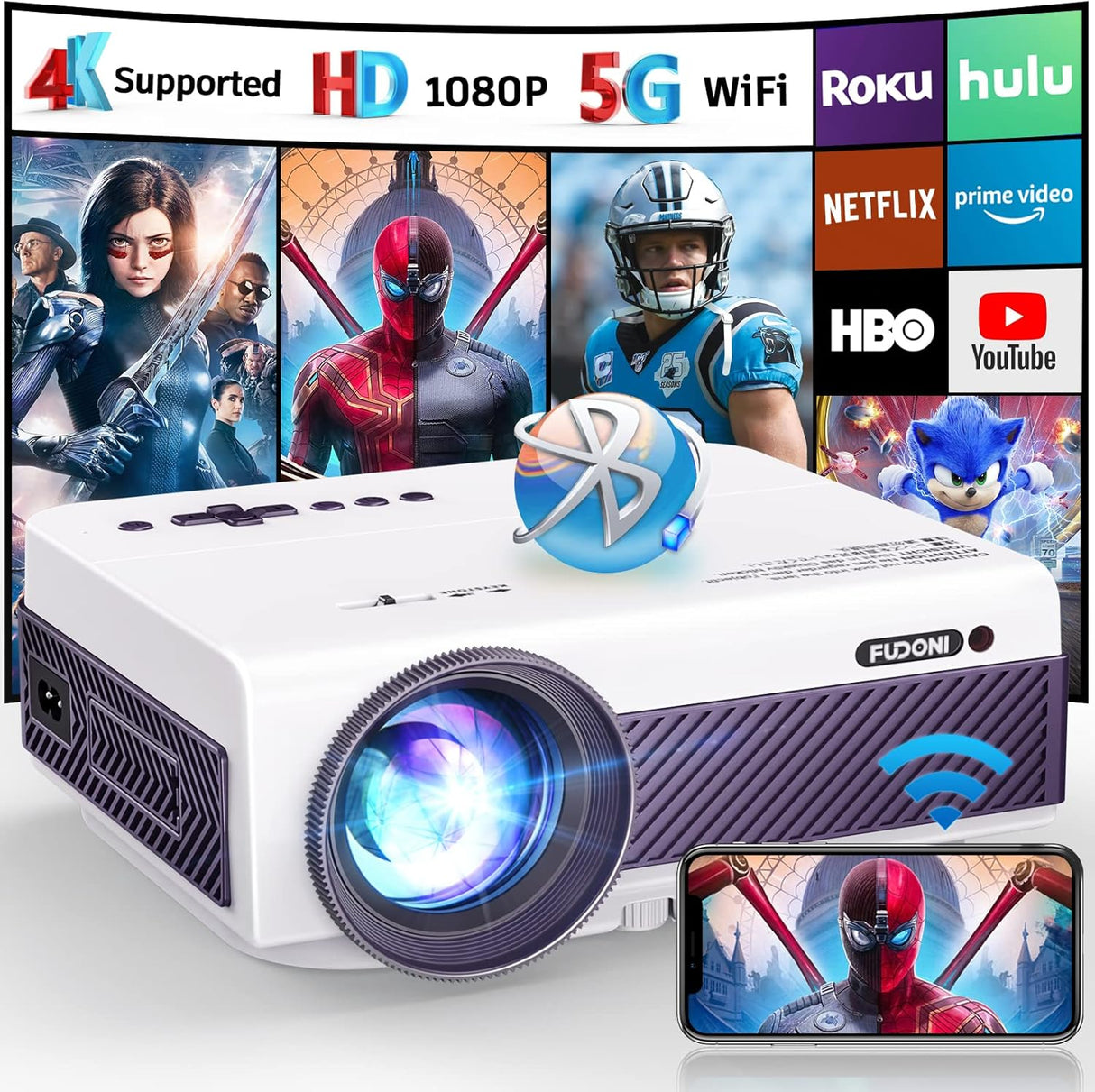 Proyector FUDONI 1080P WiFi 5G, portátil con pantalla 300