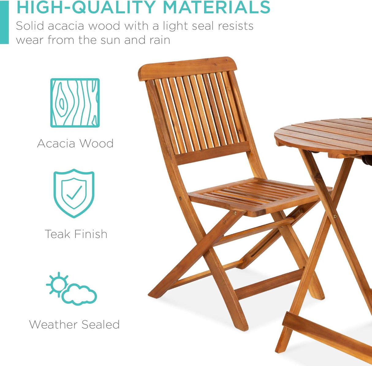 Best Choice Products - Juego de bistró de madera de acacia (3 piezas), muebles plegables adecuados para patio, jardín, balcón, terraza; incluye 2 sillas, mesa auxiliar redonda, terminación teca natural