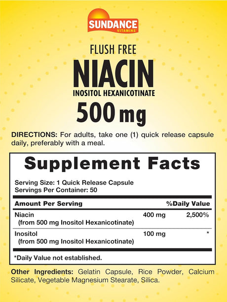 Sundance Flush Free Niacin 500mg | 50 Cápsulas | Sin GMO