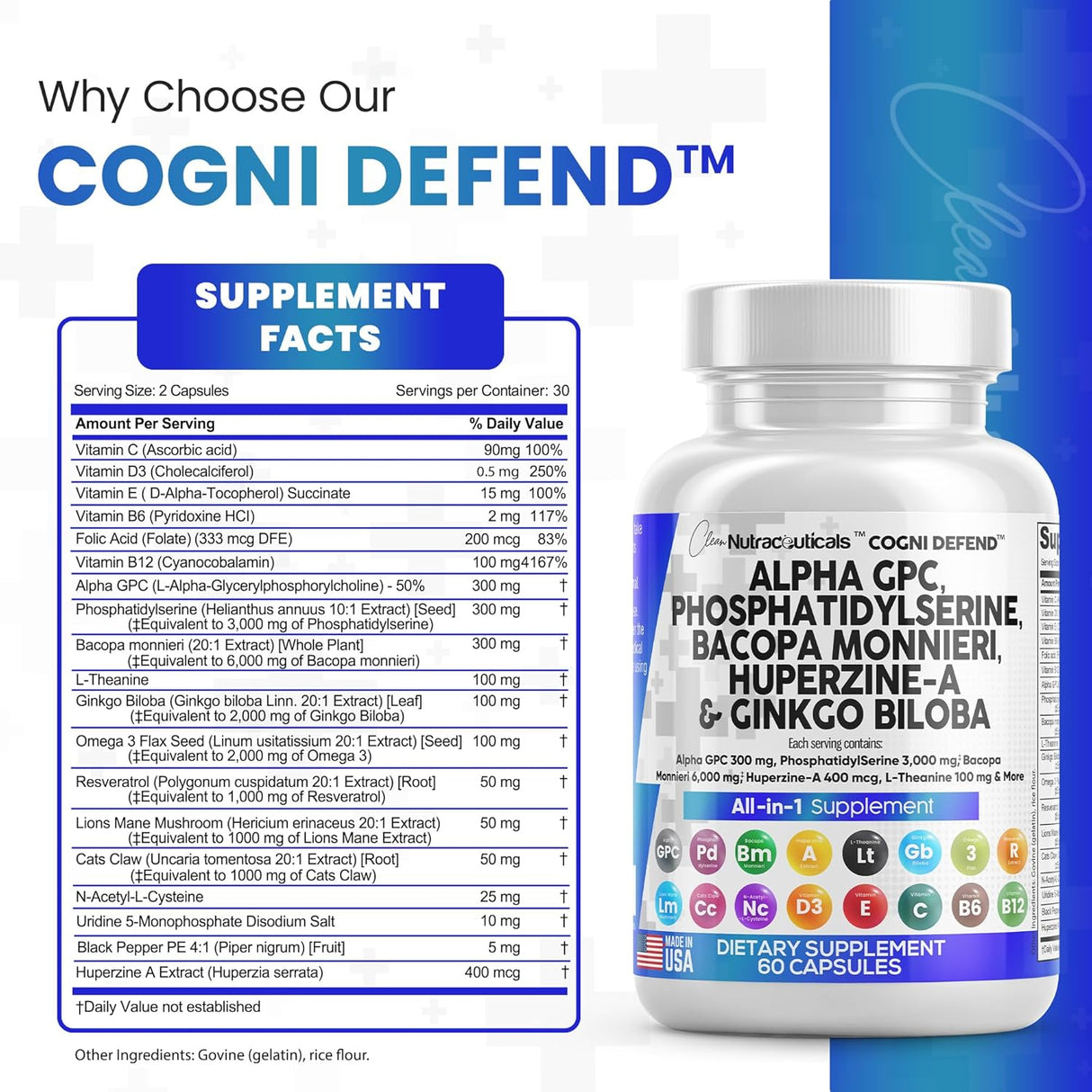 Suplemento de Nootrópicos con Alpha GPC, Bacopa, Ginkgo y Vitaminas