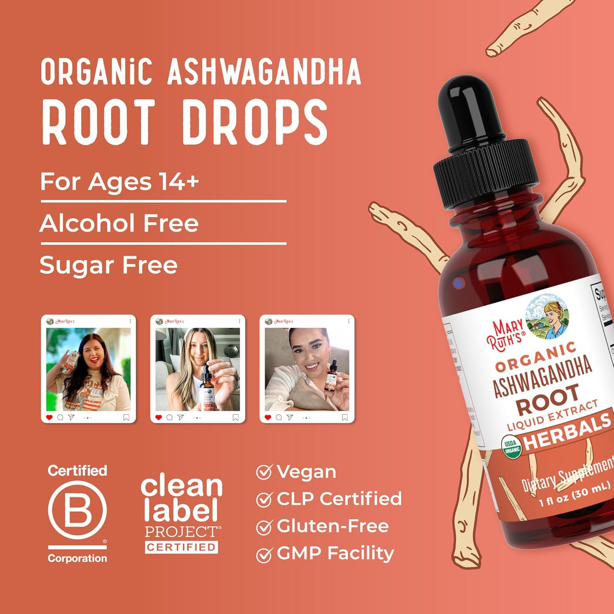 Gotas de Ashwagandha Orgánica MaryRuth, 60 Servings Adaptógeno