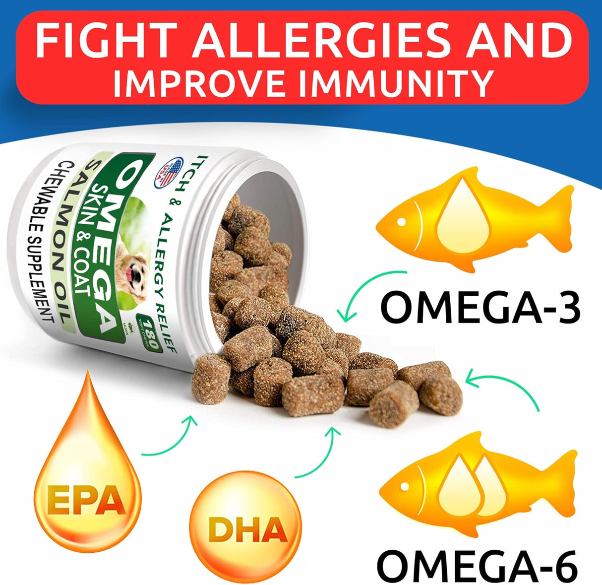 Omega 3 para perros y gatos – 180 golosinas de aceite de pescado para desprendimiento de perros, alergias en la piel, alivio de picazón, tratamiento de puntos calientes – salud de las articulaciones –