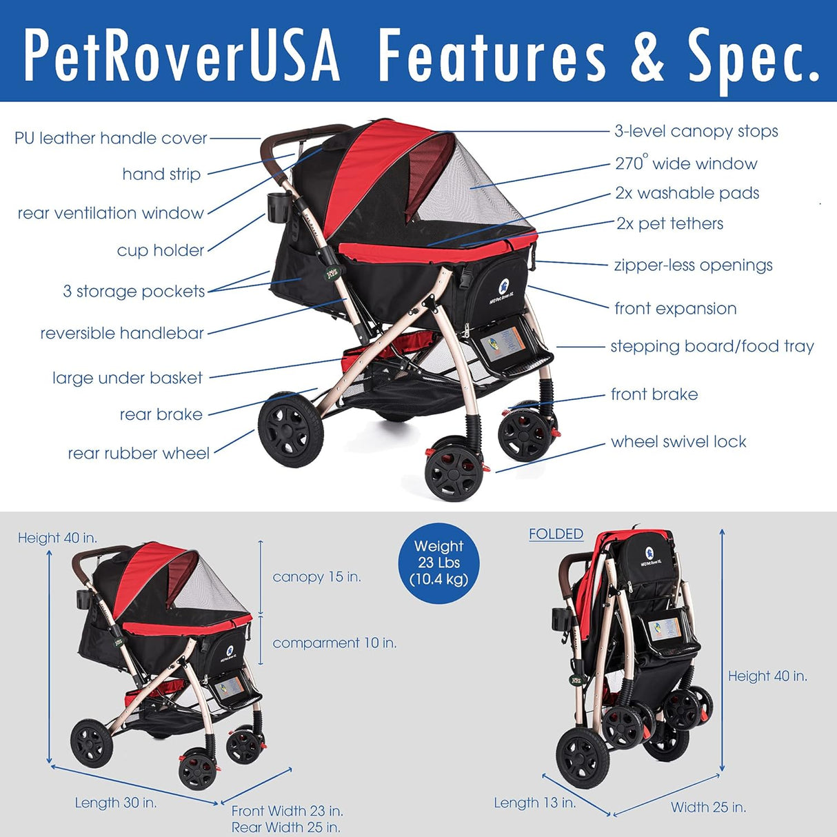 Carro de mascotas HPZ Pet Rover XL, resistente y convertible, 2ª Gen