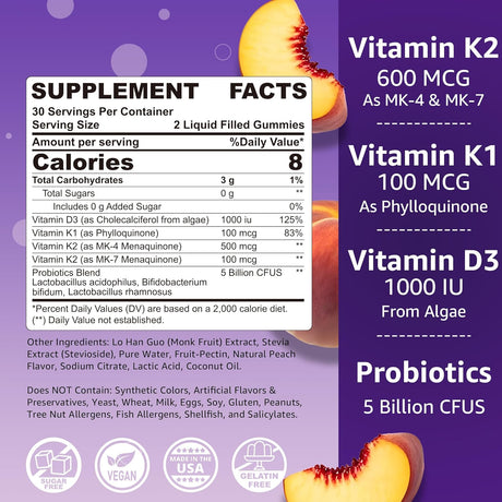 Vitamin K2 600 mcg Gummies, Sin Azúcar, D3, Probióticos, Vegan, 60 Cápsulas