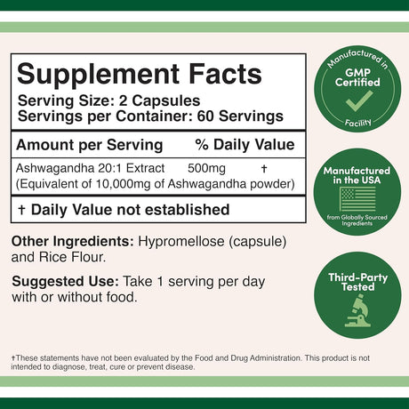 Cápsulas de Ashwagandha 500mg, Double Wood, 120 Controles