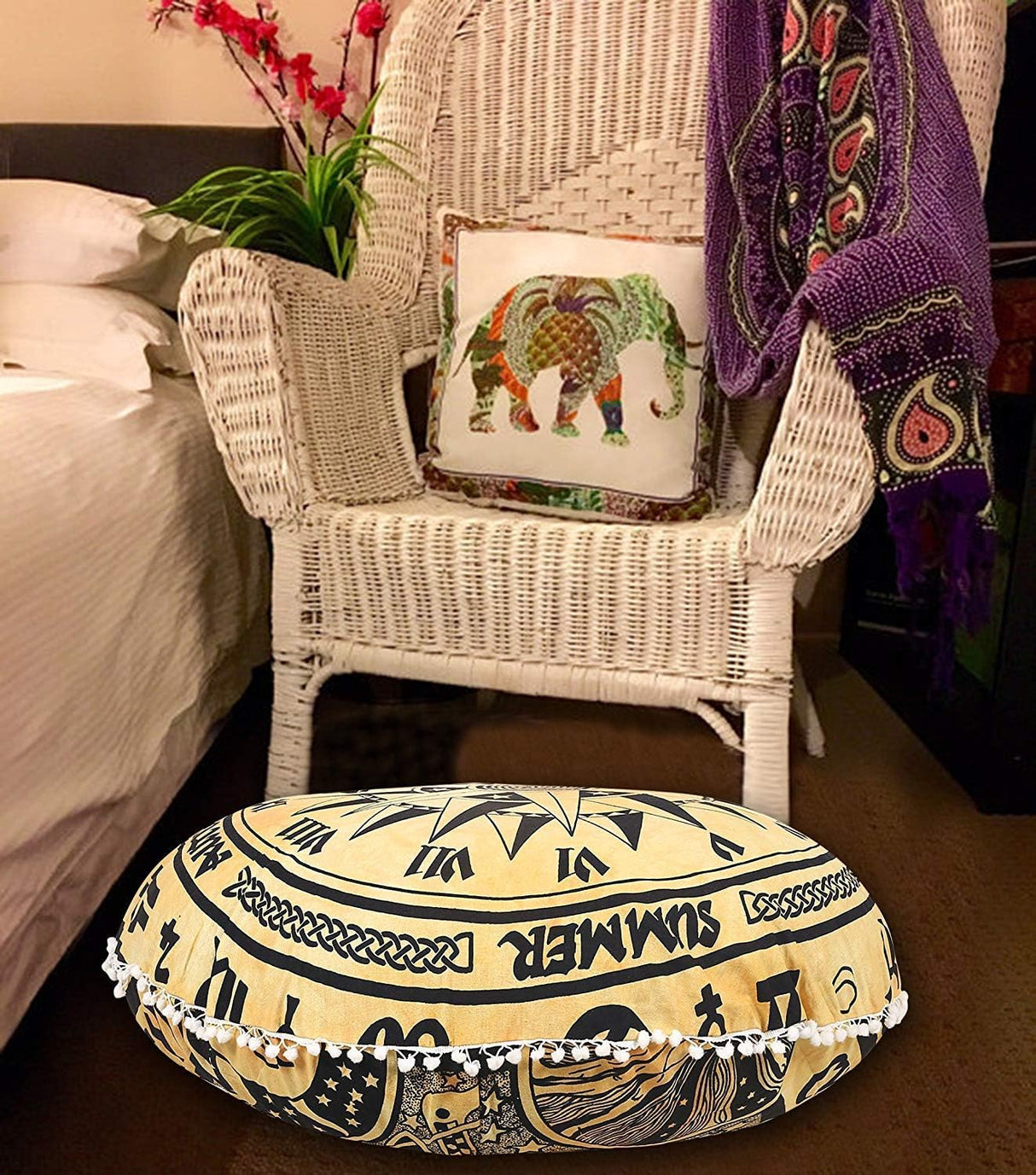 Funda bohemia para cojín, de 32 pulgadas, con diseño de mandala, para meditación, decorativa, otomana, grande, para exteriores, decoración del hogar, decoración de arte en el hogar, redonda, con pompones de algodón, cómoda