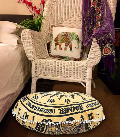 Funda bohemia para cojín, de 32 pulgadas, con diseño de mandala, para meditación, decorativa, otomana, grande, para exteriores, decoración del hogar, decoración de arte en el hogar, redonda, con pompones de algodón, cómoda