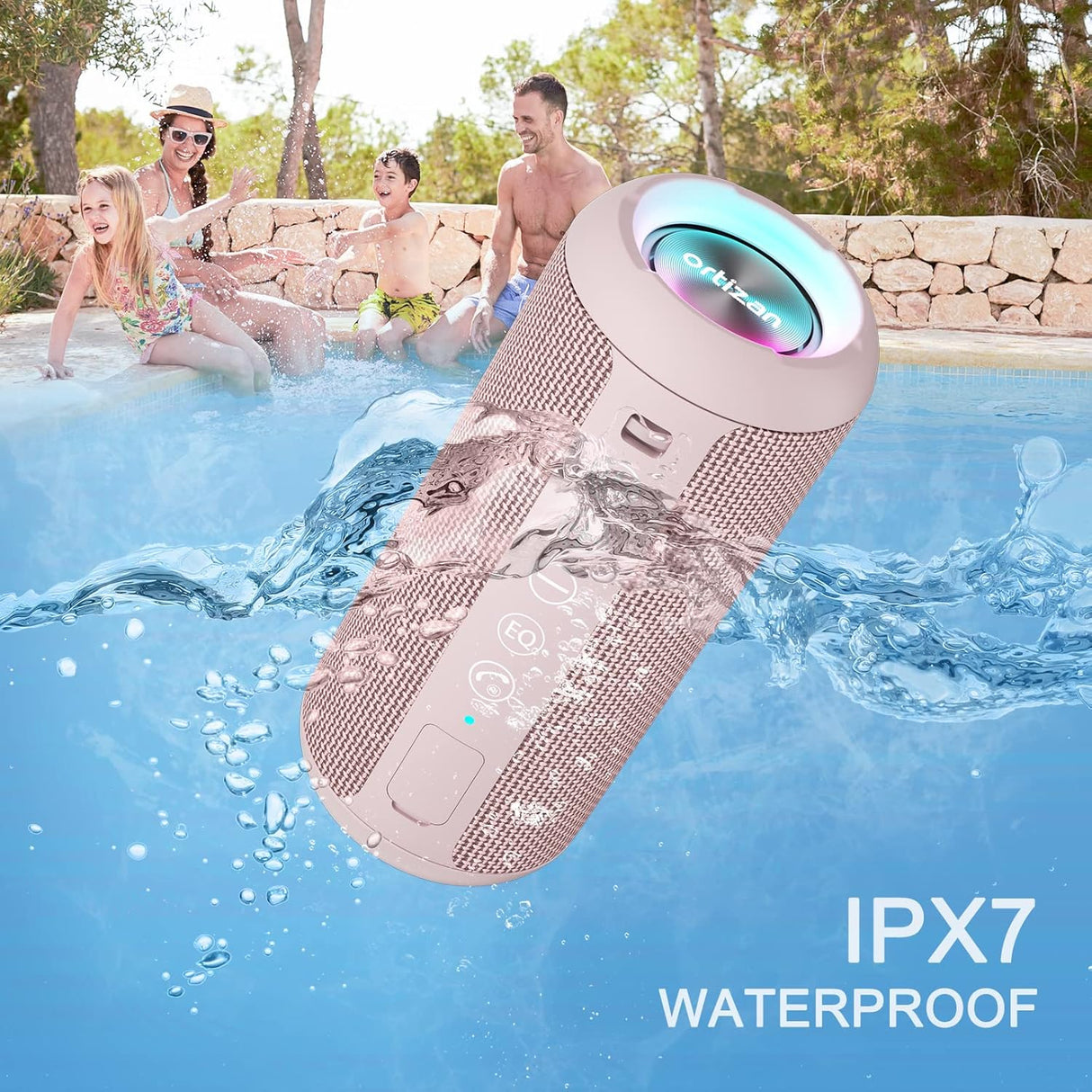 Parlante Bluetooth 5.3 inalámbrico IPX7, sonido estéreo 24 W, RGB