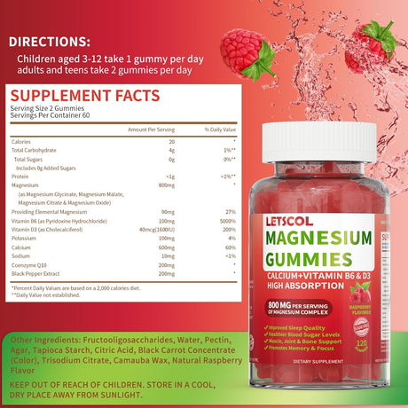 Gomitas de Magnesio Glycinate 800mg sin azúcar, Calma y Sueño