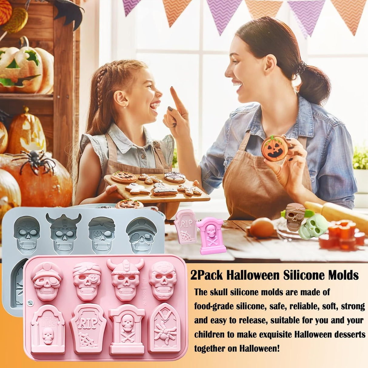 Moldes de Silicona Halloween Skull, 2PCS, 8 Cavidades, Food Grade