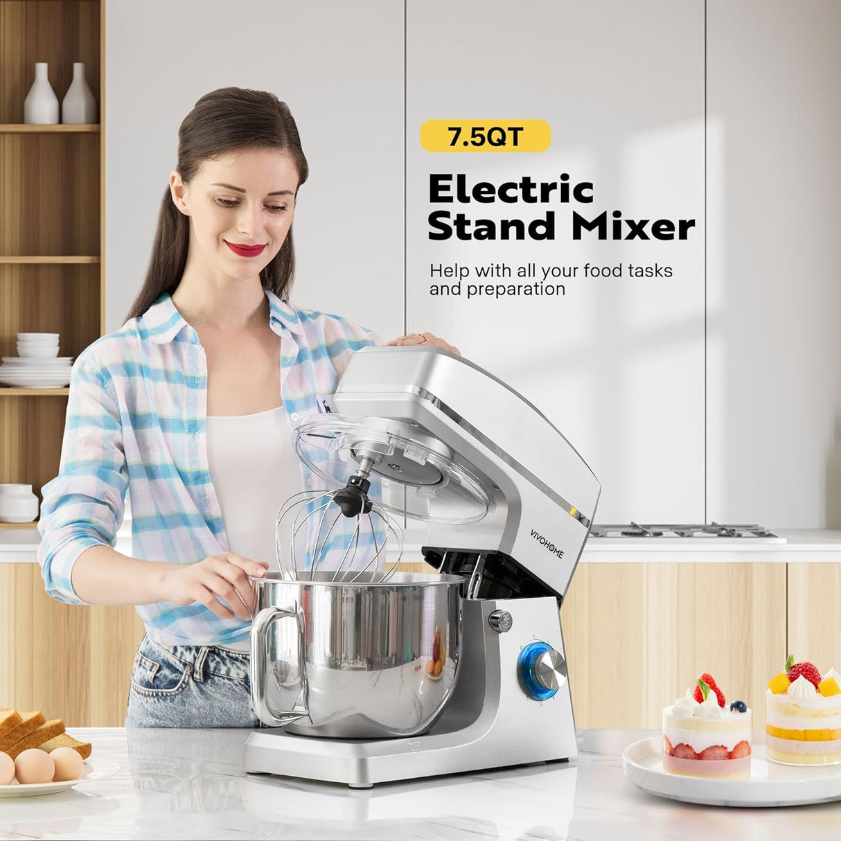 Batidora de pie VIVOHOME 7.5L 660W 6 velocidades, modelo 2023