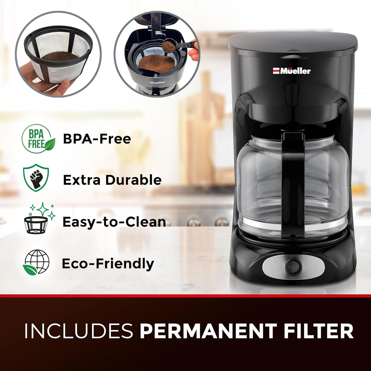 Cafetera Mueller 12 Tazas: Auto-Off, Filtro Reutilizable, Modelo: MCM-12