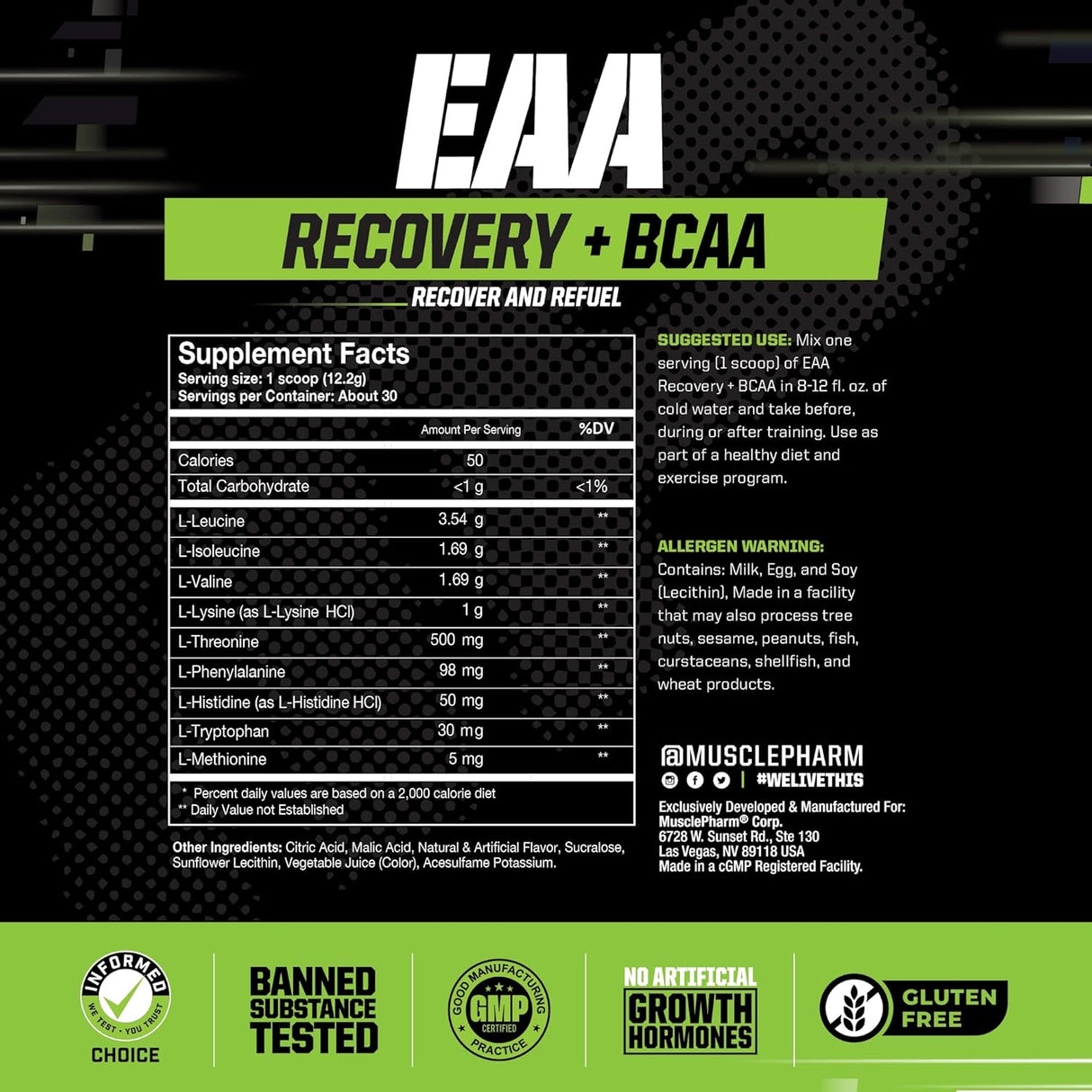 EAA Recovery+BCAAs Suplemento Post Entreno Muscle Pharm 30 Servs