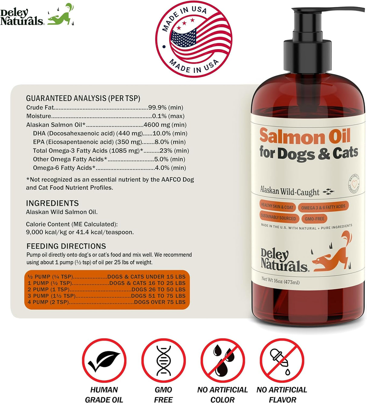 Deley Naturals Aceite de salmón capturado en la naturaleza de Alaska prémium para perros y gatos, suplemento de aceite de pescado rico en omega-3 para una piel, pelaje y articulaciones saludables, totalmente natural, de origen sostenible, 16 onzas