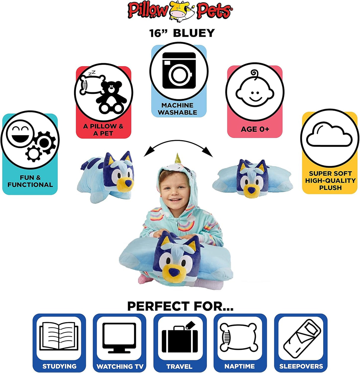 Pillow Pets Bluey, Peluche de BBC Studios, Juguete Suave
