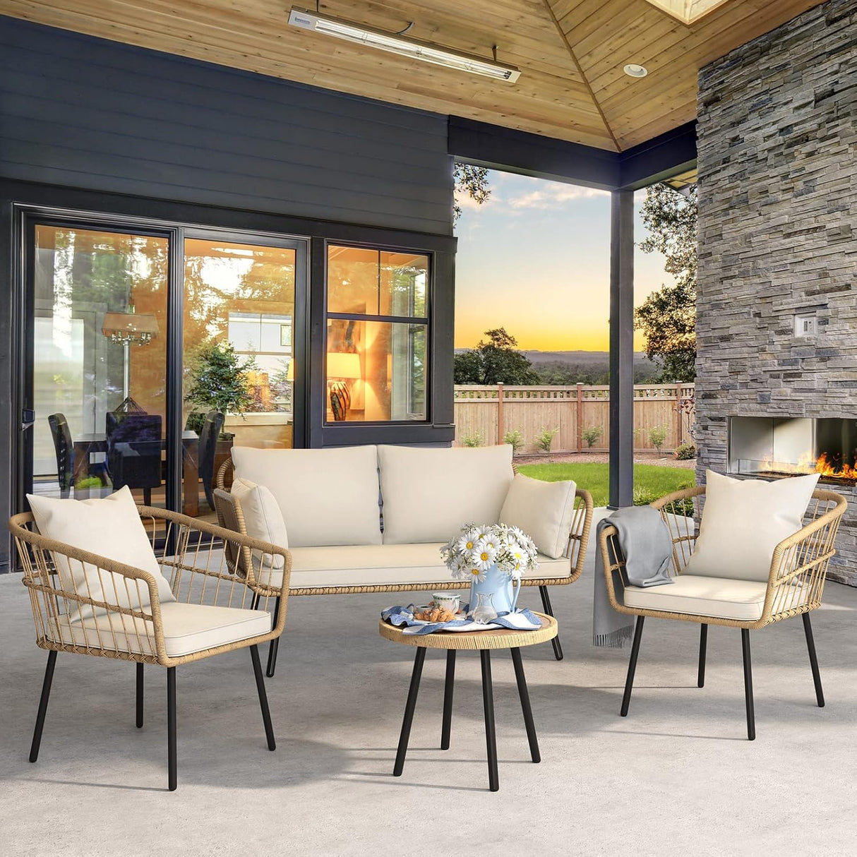 YITAHOME Juego de 3 piezas de mimbre para patio al aire libre, juego de muebles de ratán para todo tipo de clima con mesa y cojines, sofá seccional al aire libre para patio, balcón, patio trasero, terraza