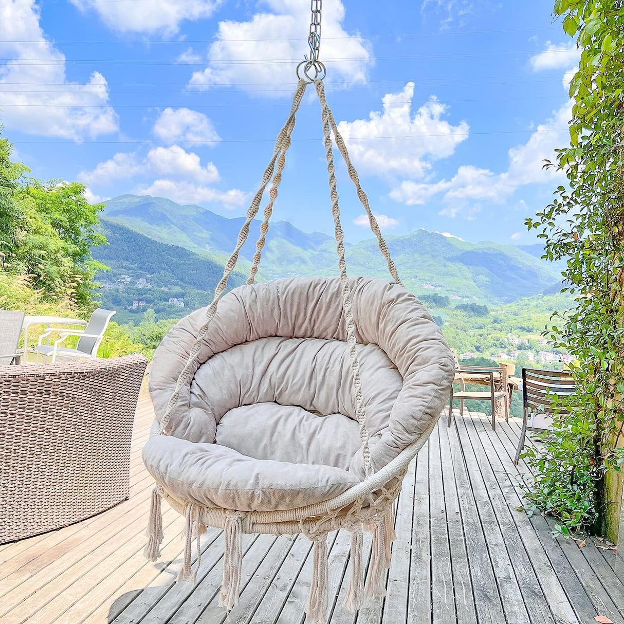 Silla Hamaca de Macramé, Hecho a Mano, con Cojín, Beige