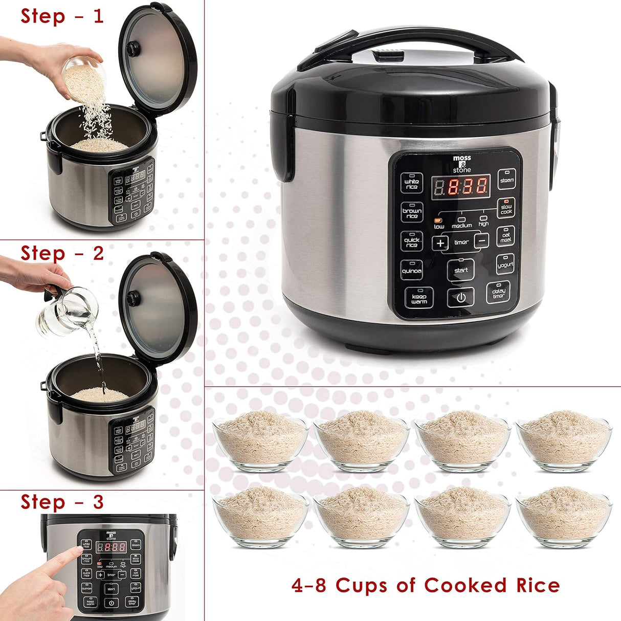 Cocinero de arroz eléctrico Moss & Stone, 4-8 tazas, 10 modos