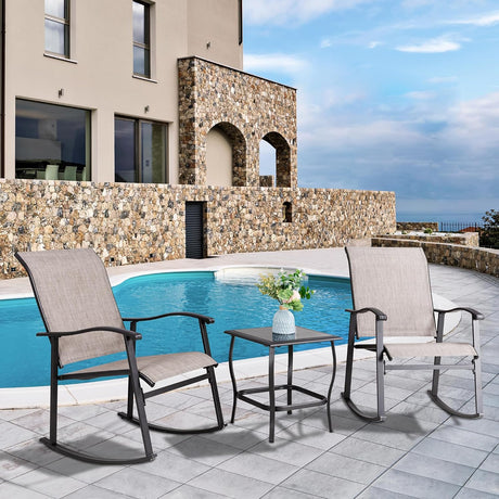 Vongrasig Juego de 3 piezas de muebles de patio pequeños de tela textileno, juego de muebles de patio pequeños, juego de conversación con mesa de vidrio para césped, jardín, balcón, junto a la piscina (pardo)
