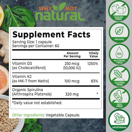 Natural Vitamina D3 K2 (MK-7) con Espirulina Orgánica 10,000 IU