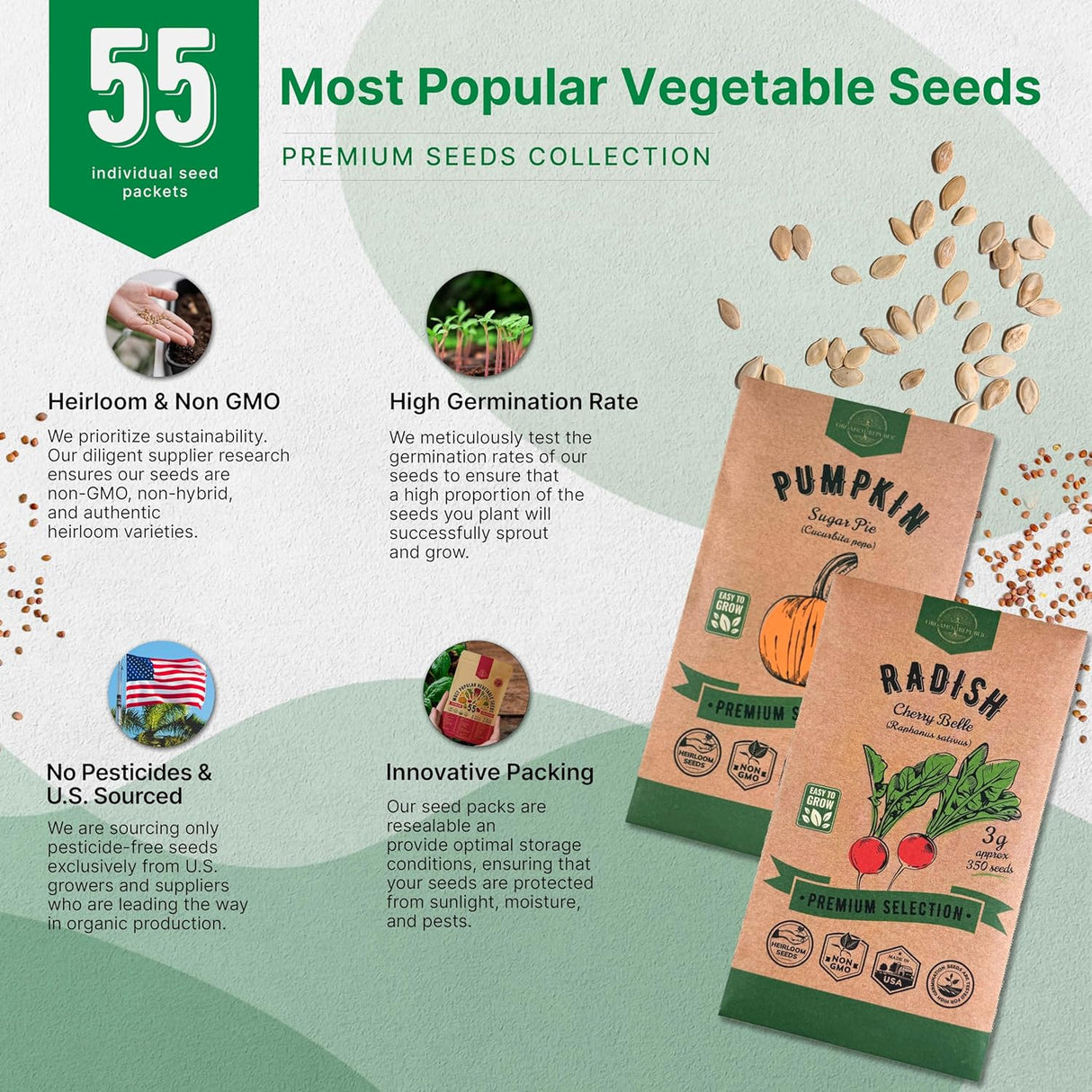 Pack de 55 Semillas No GMO para Huerto - Variedad Heirloom