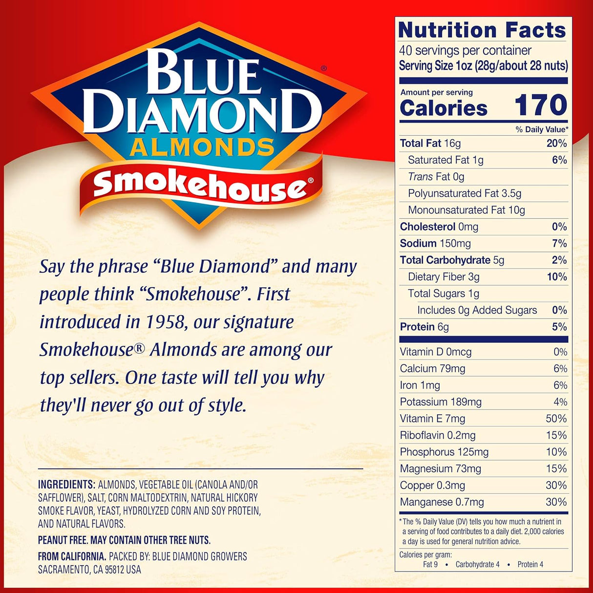 Almendras Ahumadas Blue Diamond, 40 Oz, Bolsa Resellable