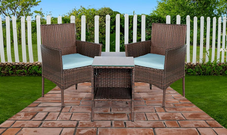 BTEXPERT Juego de 3 piezas de mimbre para exteriores, ahorro de espacio, para jardín, patio, porche, muebles de ratán PE, dos sillas, cojines, mesa de almacenamiento lateral marrón/azul aguamarina