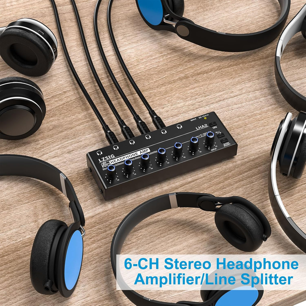 Amplificador de auriculares estéreo 6 canales con potenciador de graves