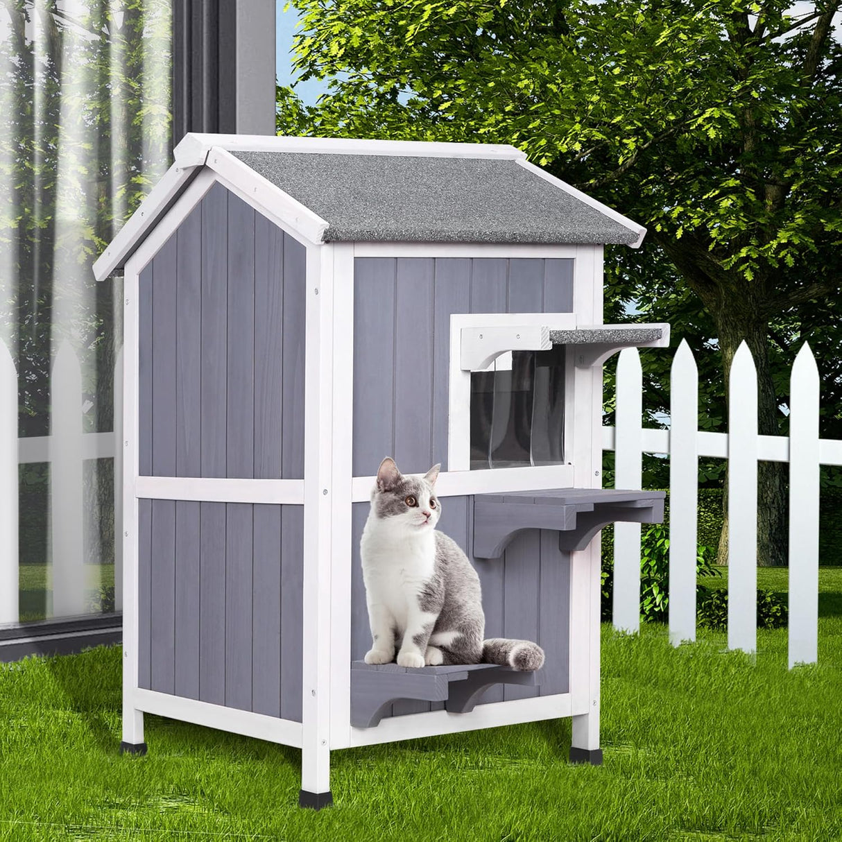 Casa para Gatos GEGURI, Refugio de Madera Dos Pisos, Modelo 2023